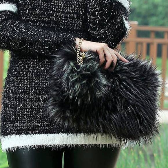 Black with White Tips Faux Fur Pom Pom Key Chain Keyring Bag Charm - Picture 4 of 4